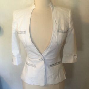 Bebe White Linen Blazer 3/4sleeves w/sliver beads metallic thread detail Size 6